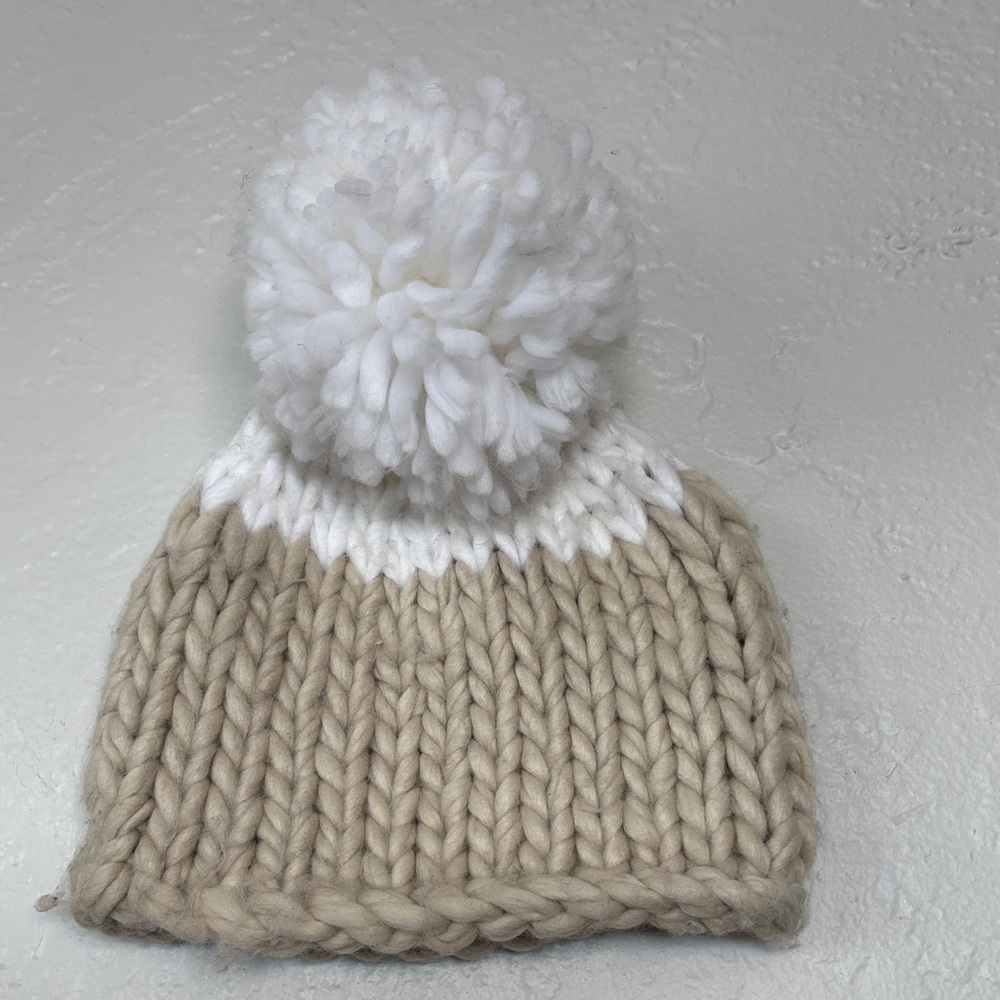 Free People White and Tan Knit Pom-Pom Beanie Hat
